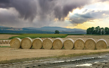 paysage agricole avec bottes de pailles et ciel nuageux
