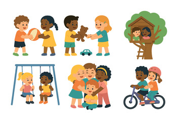 Childhood Playful Icons. Flat vector mini-illustrations Childhood friendships in colors children's