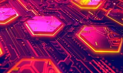 Vibrant circuit board close up with hexagonal structures and glowing details