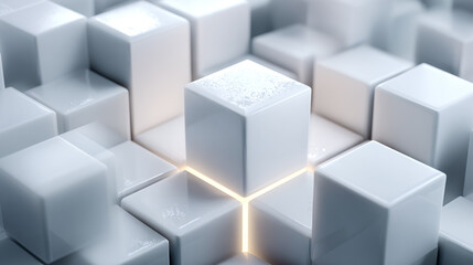 White Cubes Rise Above; Minimalist design element for backgrounds, web use, or marketing materials. 3D render with geometric shapes and subtle lighting effect.