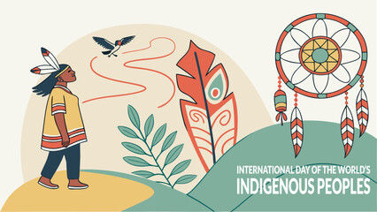 International Day of the World's Indigenous Peoples Illustrated with Dreamcatcher, Tribal Boy, and Colorful Cultural Symbols