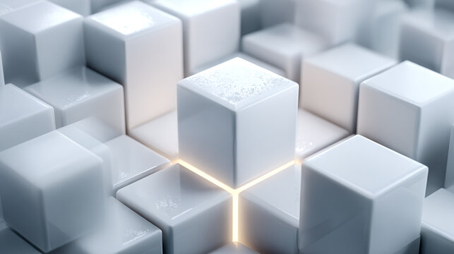 White Cubes Rise Above; Minimalist design element for backgrounds, web use, or marketing materials. 3D render with geometric shapes and subtle lighting effect.