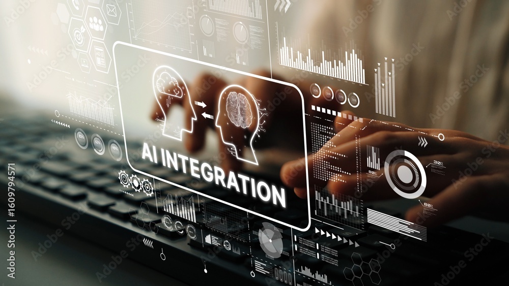 Poster futuristic concept of ai integration with digital graphics and human interaction over a keyboard. as