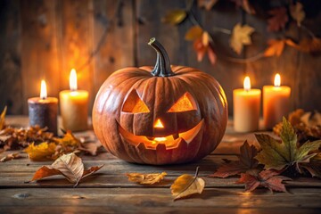 Photo of a glowing jackolantern surrounded by autumn leaves and candles 