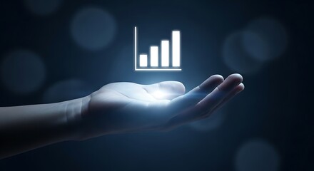 A glowing bar graph icon hovers above an open hand, representing data analysis and business growth in the digital age