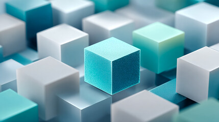 Abstract Cubes Float in Teal and White. Use for marketing, design, technology, or web backgrounds. 3D rendering.