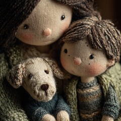 Family moments captured with handmade dolls featuring a mother, child, and a dog