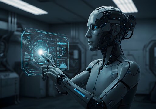 Advanced humanoid robot interacting with holographic interface
