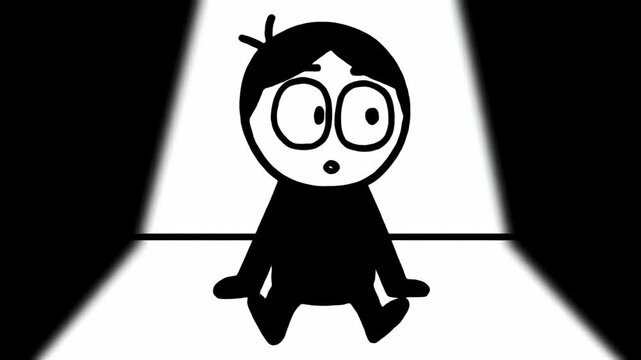 Wide-eyed stick figure character sits, lit in black and white contrast drawing
