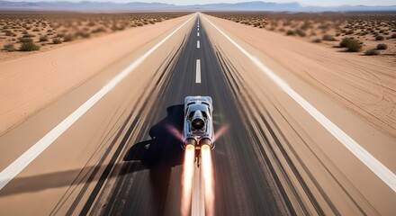 Aerial view of a futuristic vehicle speeding down a desert highway with blurred background under bright sunlight.