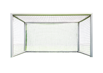 A white soccer goal with a net on a transparent background