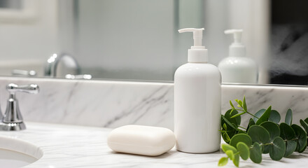 Elegant bathroom setup with a blend of soap, a pump dispenser, and eucalyptus leaves on a white marble countertop.