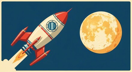 Naklejka premium Retro style rocket blasting off towards the full moon in a deep space scene. Space travel and exploration concept.