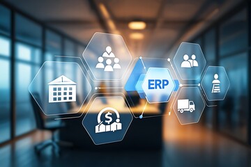 Enterprise Resource Planning Software Interface Overlayed on Modern Office Space Background Illustrating System Integration and Efficiency