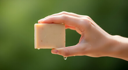 A close-up of a hand holding a wet, natural soap bar against a blurred green background. Concept for wellness, hygiene, and artisanal skincare.