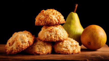 Stacked cookies and pear on wooden board