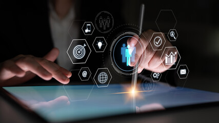 Business teamwork system showing digital communication and performance tracking. Teamwork improves...