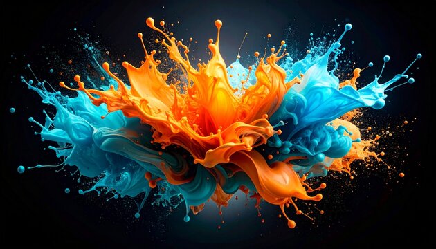 Fire flames background, Ultra-detailed 36K HDR abstract image of vivid orange and cyan blue paint splashing