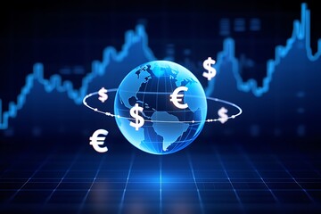 Global financial market concept with world globe and currency symbols dollar and euro showing upward trend stock market background