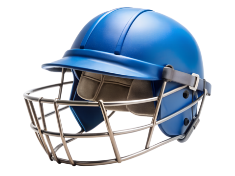 A blue cricket helmet with a face guard, isolated on a transparent background
