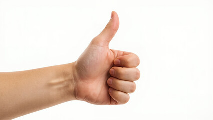 Photorealistic Closeup of a Hand Giving a Perfect Thumbs Up Gesture Against a Clean White Background, Symbolizing Approval, Success, and Agreement