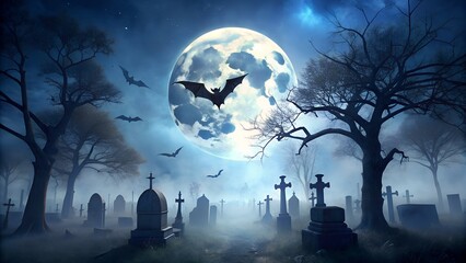 Photo of silhouetted bats swarm across a massive luminous full moon hovering over a misty eerie graveyard filled with ancient gravestones and gnarled trees