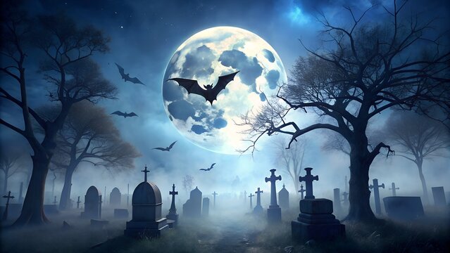 Photo of silhouetted bats swarm across a massive luminous full moon hovering over a misty eerie graveyard filled with ancient gravestones and gnarled trees