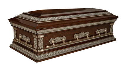 Elegant ornate wooden coffin with metallic trim and handles, symbolizing final rest and luxury for memorial services.