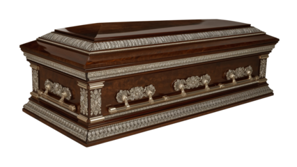 Elegant ornate wooden coffin with metallic trim and handles, symbolizing final rest and luxury for memorial services.