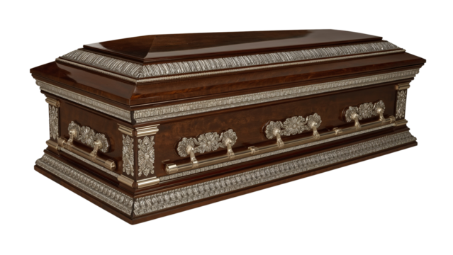 Elegant ornate wooden coffin with metallic trim and handles, symbolizing final rest and luxury for memorial services.