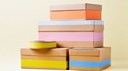Fototapeta premium Stacked cardboard shipping boxes with colorful tape on a clean white backdrop.