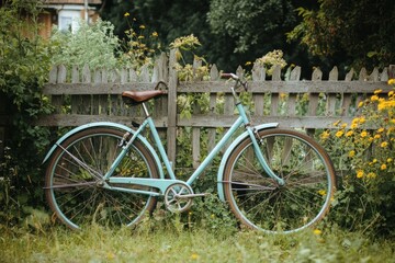 Fototapeta premium Tandem bike parked in garden with flowers