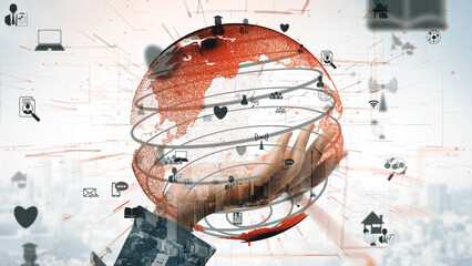 A visually engaging depiction of a global network, showcasing interconnected devices and social media elements, symbolizing digital communication and support. Xenic