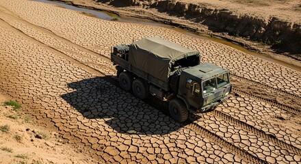 Generic vehicle driving on cracked earth with visible tire tracks under sunlight creating shadow. Army vehicle against barren ground.
