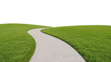 Discover a serene stone pathway winding through lush green grass, inviting you to explore a tranquil landscape and find your way forward.