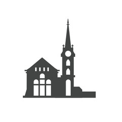 Landmark building where the church is minimalist in silhouette, European historical building icon, Swiss icon and European city in Flat style