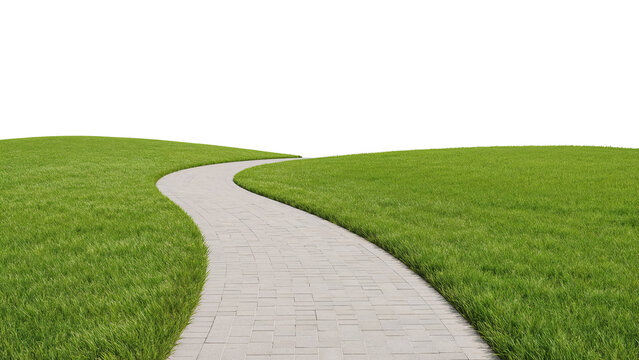 Discover a serene stone pathway winding through lush green grass, inviting you to explore a tranquil landscape and find your way forward. - Powered by Adobe