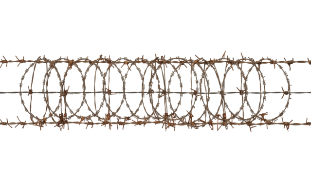 Rugged rusty barbed wire fence strand with sharp protective spikes offers a strong security barrier concept for restricted areas and defense
