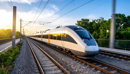 Fototapeta premium Modern high-speed train moving along tracks at sunset