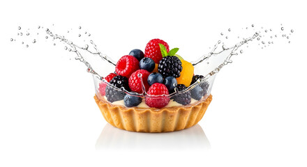 A vibrant mixed berry fruit tart with a refreshing water splash, showcasing a delicious gourmet pastry isolated on white