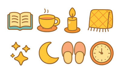 Evening Routine Icons. Flat vector mini-illustrations evening wind-down routine in colors children's