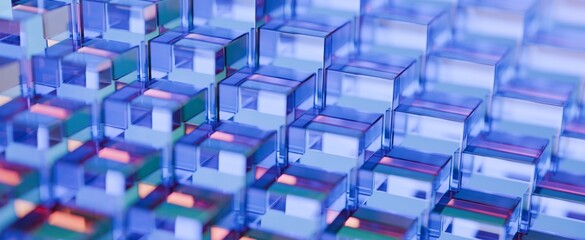 Abstract background of crystal clear glass blocks forming a textured pattern. Transparent material with iridescent reflections, creating vivid prismatic shapes and a dynamic, enchanting 3D render.