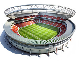 A modern soccer stadium with a green field and red seats, isolated on white isolated on transparent background