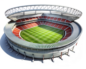 A modern soccer stadium with a green field and red seats, isolated on white isolated on transparent background