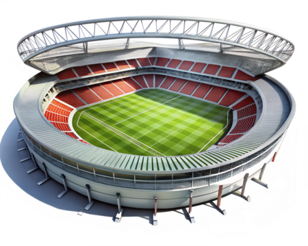 A modern soccer stadium with a green field and red seats, isolated on white isolated on transparent background - Powered by Adobe