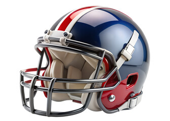 Fototapeta premium A shiny american football helmet with blue, red, and white stripes isolated on transparent background