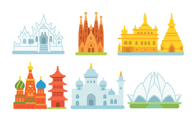Naklejka premium Global Religious Icons. Flat vector mini-illustrations religious sites around the world in colors children's