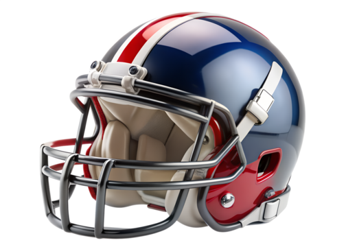 A shiny american football helmet with blue, red, and white stripes isolated on transparent background