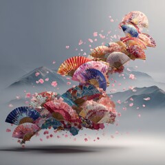 Colorful fans float in midair with cherry blossoms against a serene mountain backdrop