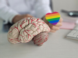 A detailed brain model is being held person while they display a rainbow heart symbol, suggesting a supportive environment for mental health awareness and inclusivity.
